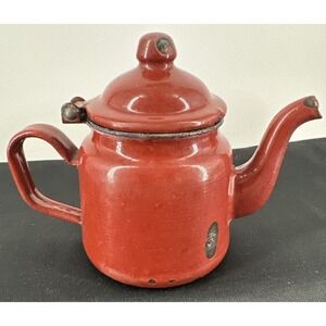 Teapot‎ Burgundy Enamel Metal Farmhouse Decor 4.5" T Gooseneck Spout Distressed